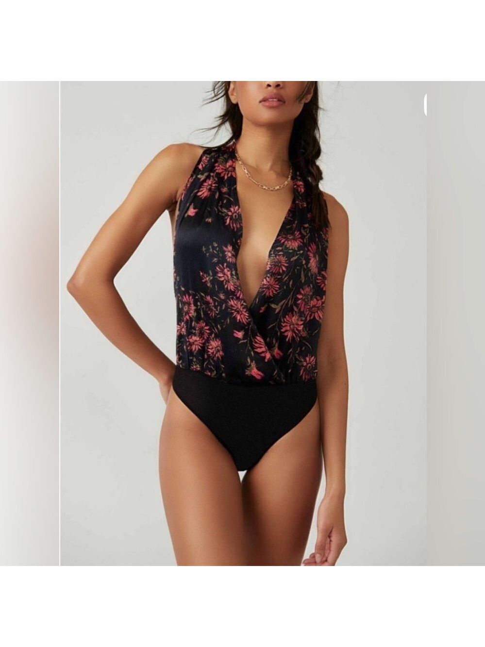Free People There She Goes Floral Halter Bodysuit NWT L Summer BoHo Festival